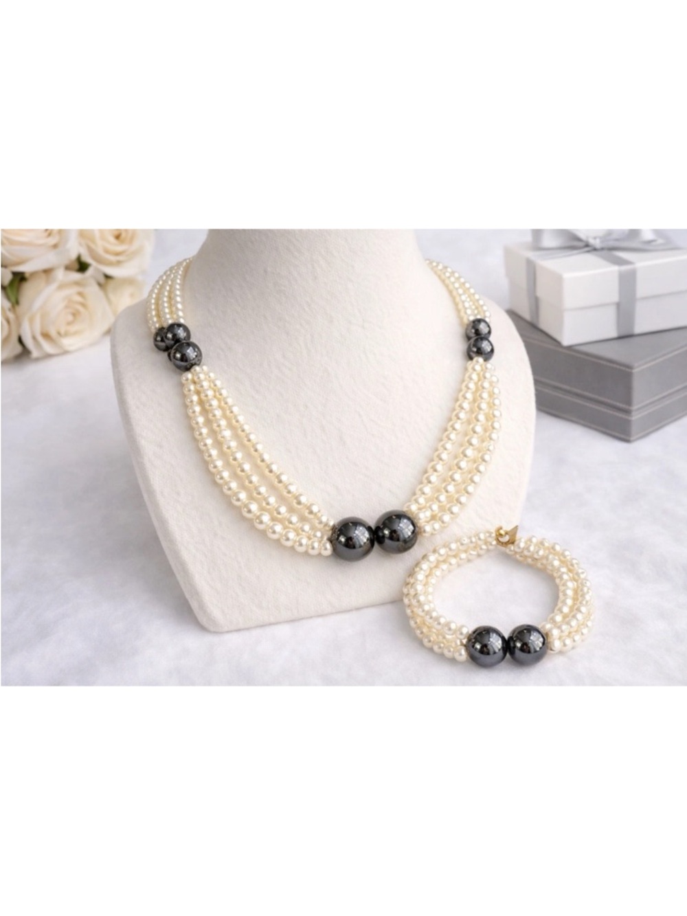 Vintage Faux Pearl & Hematite Bead 2-Piece Set – Necklace & Bracelet